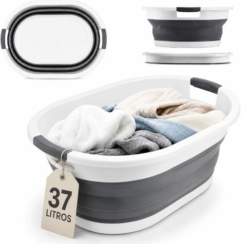 Cesto Plegable de Colada Silicona con Asas | Capacidad 37 litros Gris Canasto de Plastico | Cesta para Ropa Limpieza Camping | Facil Plegado Ahorra Espacio