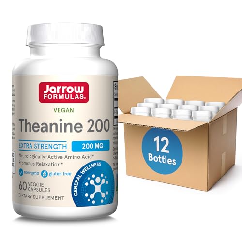 Jarrow Formulas Extra Strength Theanine 200 mg, Dietary Supplement That Promotes Relaxation, Amino Acid Supplement for Relaxation Support, 60 Veggie Capsules, 60 Day Supply, Pack of 12