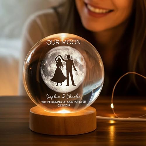 Image of Evamall Personalized Moon Phase Crystal Ball Night Light, Custom Night Sky By Date Lamp, Our Special Day Keepsake Gift for Couple Anniversary Wedding
