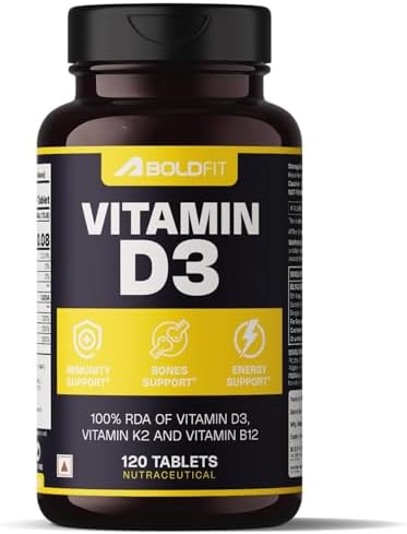 Boldfit Vitamin D3 K2 Supplement for Bone & Heart Health | Vitamin-D tablets with Vitamin-K2 MK7 | Premium Vitamin-B12 supplement for Energy, Bones, Immunity and General Wellness -120 Count