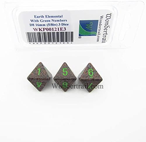 Wondertrail Earth Elemental Dice with Green Numbers D8 Aprox 16mm Pack of 3 WKP00121E3
