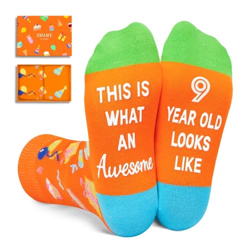 Zmart 9 Year Old Birthday Socks - Gift Box for Child Boy & Girl - Fun 9th Birthday, Christmas or Stocking Stuffer Present Idea