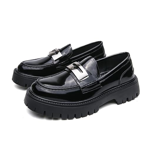 Men's Patent Leather Platform Chunky Slip-On Loafers Fashion Round Toe Slip-On Business Dress Work Shoes with Non-Slip Lug Sole for Work and Daily Casual Wear