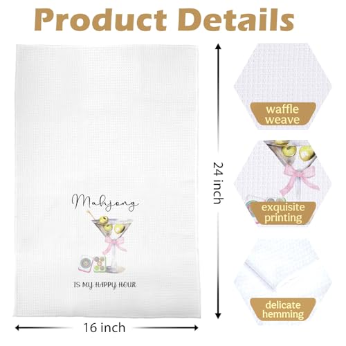 Image of Mahjong Martini Kitchen Towels - Coquette Cocktail Gifts Decorative Dish Towels, Mahjong Gifts Hand Towel, Pink Bow Alcohol Mah Jong Tea Towel, 16x24 Inch