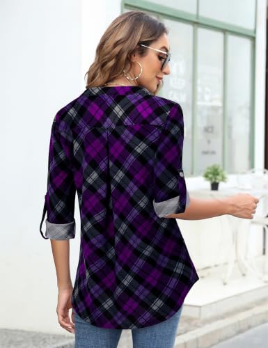 Image of Bulotus 3 /4 Length Sleeve Womens Striped Tops Zipper V Neck Collared Blouses Business Casual Tunics 2026 Spring Trendy
