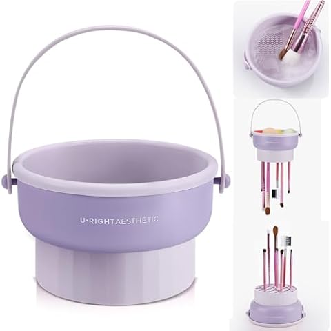 Makeup Brush Cleaner Mat 3 in 1 Silicone Makeup Brush Cleaner Bowl Cosmetic Brushes Cleaning Tool Organizer for Storage and Air Drying (Purple) Cover
