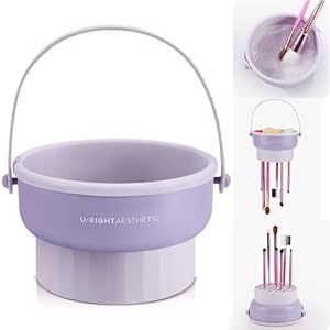 Makeup Brush Cleaner Mat 3 in 1 Silicone Makeup Brush Cleaner Bowl with Brush Drying Holder Cosmetic Brushes Cleaning Tool Organizer for Storage & Air Dry(Purple)