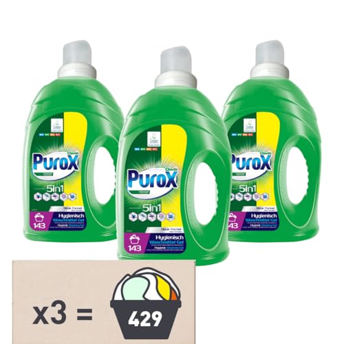 PUROX UNIVERSAL Lessive Liquide (143 Lavages x 3) – Concentré Gel pour Tous Textiles, Élimine les Taches, Entièrement Rinçable, Formule Optimisée, Anti-Calcaire, 4,3 l Multipack 3 pièces