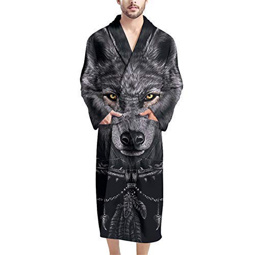 Poceacles Shawl Herren-Bademantel, volle Länge, V-Ausschnitt, leicht, weich, langärmelig, Nachtwäsche mit Vordertaschen, coole Wolf, M Cover