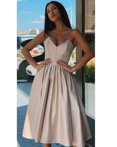 Image of Women's A Line Strapless Backless Prom Dress, Sleeveless Sweetheart Neck Satin Homecoming Dresses