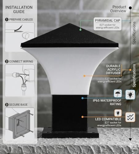 Image of Areezo Waterproof Outdoor Gate Light for Main Gate Pillar - Modern LED /Holder Based Lamp for Home, Garden & Balcony (Pack of 4, Phantom Black)