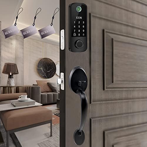 BEBASIA Fingerprint Door Lock with Handles, Keyless Entry Door Lock, Auto Lock & 1 Touch Locking, Anti-Peeping Password, 300 Users, IC Cards, OLED Display Electronic Smart Deadbolt (Black)