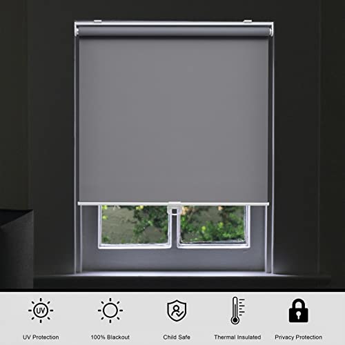 Blackout Roller Shades Blinds Cordless for Windows Pull Down Room Darkening Door Blinds with Thermal Insulated Easy to Install for Living Room,Bedroom,Home,Office Bathroom Grey 65" W x 72" H