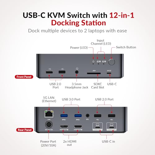 AV Access KVM Switch Dock 2 Monitors 2 Laptops, 4K KVM Switch Dual Monitor, 2 USB-C MST Ports, 60W PD for Each PC, 1G Ethernet, EDID Emulation, 2K@144Hz, 1080P@240Hz, Ideal for Home Office & Gaming