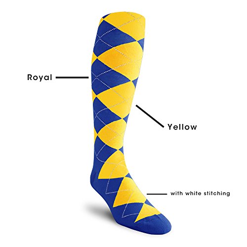 Colorful Knee High Argyle Cotton Socks For Men Women and Youth - Royal/Yellow - Youth2