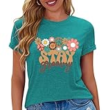 Retro Stay Groovy Shirt Women Cute Floral Tshirts Hippie 70s Short Sleeve Tops A-Green