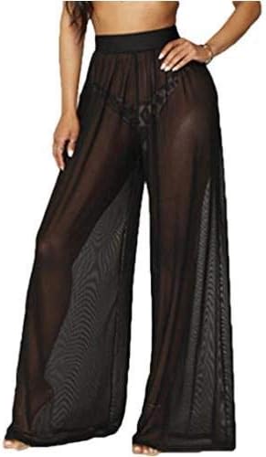 RUEWEY Women See Throug Mesh Flare Cover up Pants Swimsuit Bikini Bottom Cover up Elastic Waist Loose Wide Leg Long Palazzo Pants Trousers (2XL, Black)