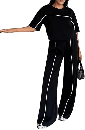 SXV STYLE 2 Pcs, Piping Details Relax Fit T-Shirt And Sweatpants