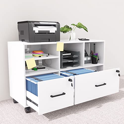 2-Drawer Wood File Cabinet With Lock, Mobile Lateral Filing Cabinet With Adjustable Shelf&Lockable Wheels, Fits Files Letter/Legal/F4/A4 Size, Printer Stand With Open Shelves Office - White #TOP5