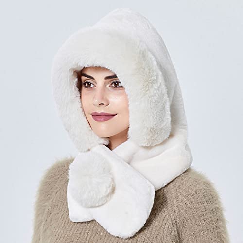 Campsis Winter Faux Fur Hooded Scarf Hat Wool Furry Hat with Scarf 2 in 1 Thick Plush Scarf with Hat Skiing Cycling2