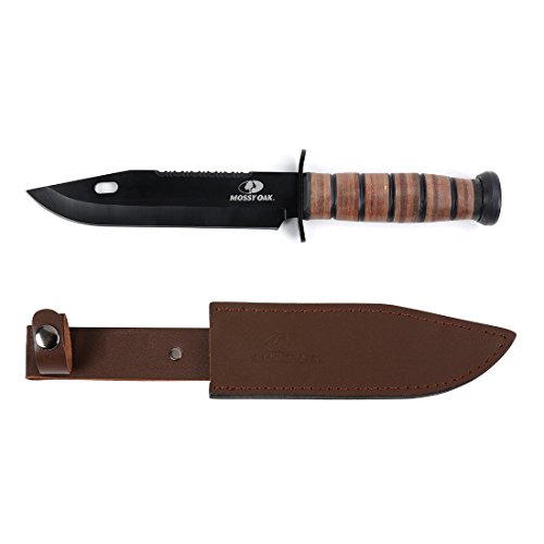 MOSSY OAK 7-inch Fixed Blade Marine Corp Fighting Serrated Knife Handle Covered by Leather with Leather Sheath
