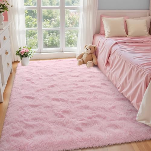 Pink Rugs for Living Room Fluffy 4x6 ft Bedroom Rug Non-Slip Area Rugs Shag Carpet for Nursery Kids PlayRoom Dorm Office Indoor Modern Plush Carpets Girls