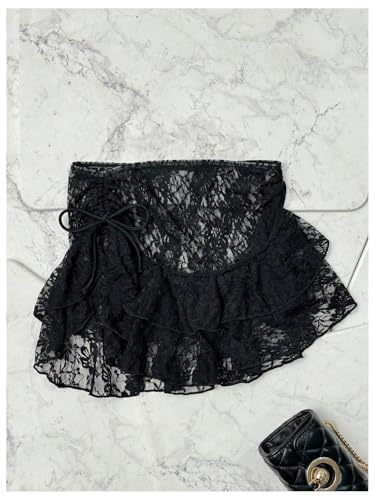 Verdusa Women's Sheer Lace Coverup Mini Skirts Tiered Layered Drawstring Ruffle Swim Skirt4