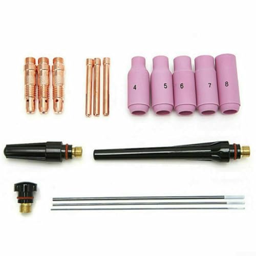 Kit de 17 piezas de cuerpo de boquilla de lente de gas TIG para antorchas refrigeradas por aire y agua WP-17, WP-18, WP-26 - Incluye tazas de cerámica, pinzas, parte trasera