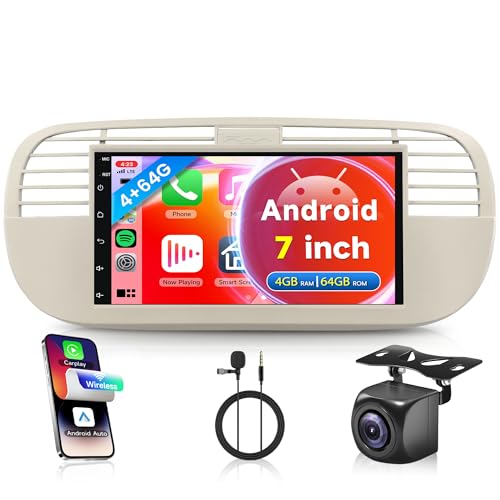 4G+64G for Fiat 500 2007-2015 Android Car Radio Wireless Carplay Android Auto, 7 Inch Android Touchscreen Car Radio FM RDS GPS WiFi Bluetooth Mirror Link Backup Camera