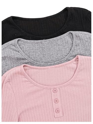 Image of OYOANGLE Girl's 3 Packs Button Front Crew Neck Long Sleeve T-Shirt Ribbed Knit Basic Tee Tops