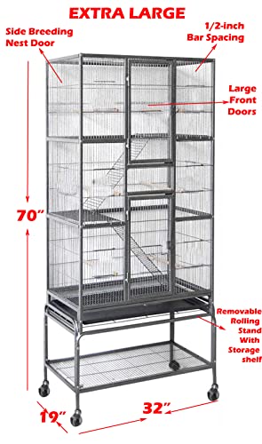 70" Extra Large Bird Parrot Flight Cage Side Breeding Nest Door With Removable Rolling Stand (32" X 19" X 70"H, White Vein) #TOP1
