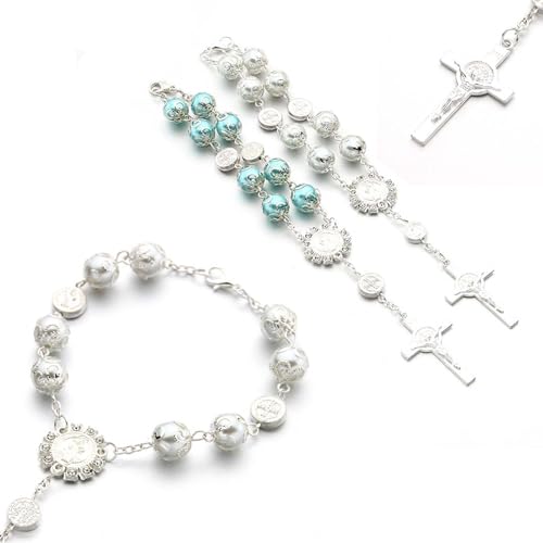 Tesnaao 2 PCS Car Interior Rearview Mirror Decorative Pendant, 0.39\" Rosary with Tori Cross Bead Hanging Pendant Bead String, Multi-Purpose Personalized Fashion Accessories, for Most Cars (White)