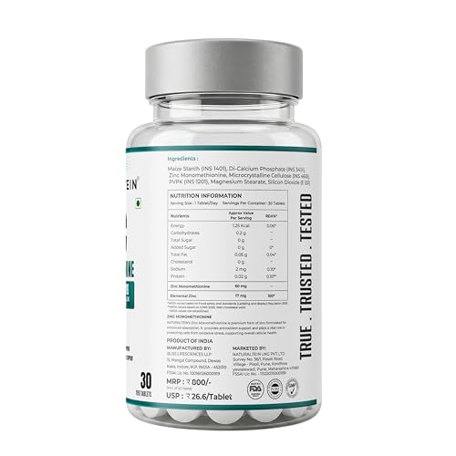 Image of Naturaltein Zinc Monomethionine 60 mg | 17 mg Elemental Zinc per Tablet | Supports Immune Health, Antioxidant Protection & Skin Wellness | 30 Count