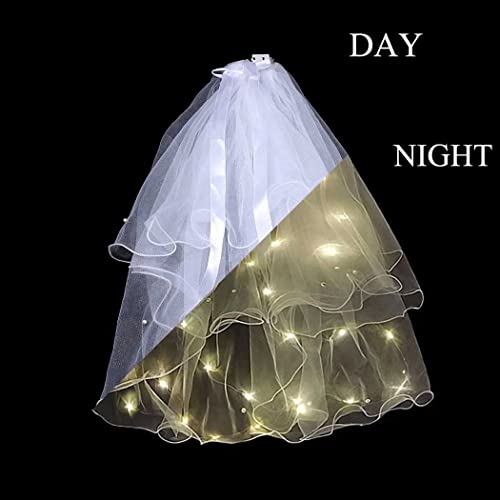 Jonky 2 Tier Led Bride Wedding Veil White Light Up Pencil Edge Bridal Veils With Hair Clip Glowing Party Club Statement Headpieces For Women(Warm) #TOP1