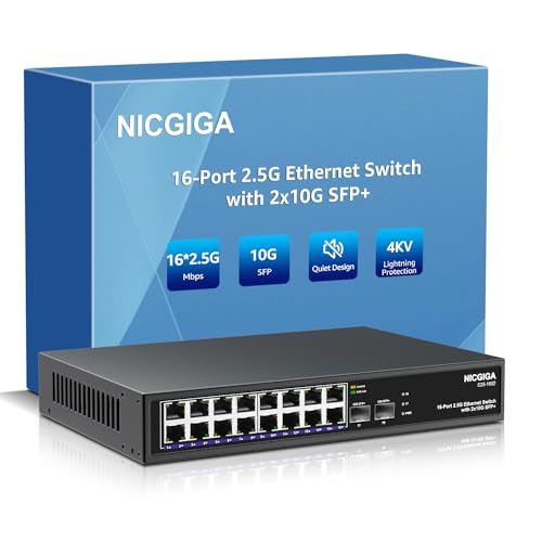 Image of 16 Port 2.5G ➕ 2 Port 10G SFP+ Ethernet Switch, NICGIGA 18 Port 2.5Gb Network Switch Unmanaged, Plug & Play, Desktop or 19-inch Rack Mount, Fanless Metal Design.