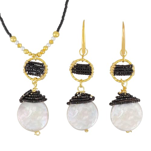 Macadamia Fine Jewelry Cultured Pearl Necklace with Pearl Earrings for Women  14K Gold Plated Jewelry Set with Colorful Miyuki Delica Beads  Pearls Necklace with Drop Earrings for Women