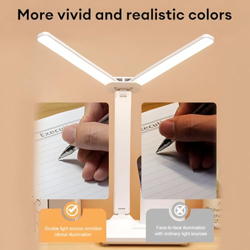 Image of Dual Head Rechargeable LED Reading Light - 1200mAh Battery, 3 Color Modes (Warm, Natural, Cool White), Dimmable Eye-Care Desk Lamp with Adjustable Arms for Study Table, Bedside, Home & Office