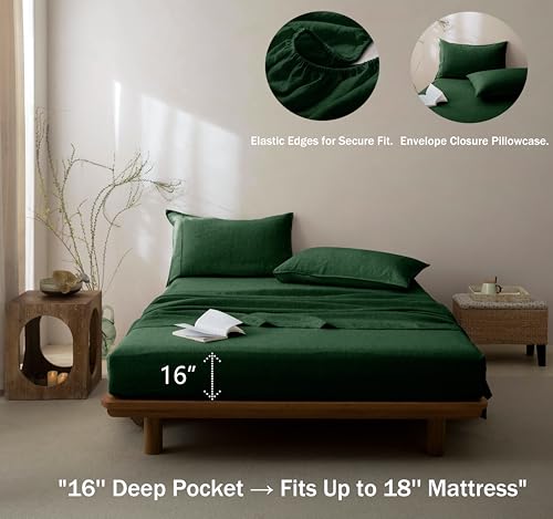 Talasily 100% French Pure Linen Sheets Set California King Size,Oeko-TEX Certified Bedding, All-Season Breathable for Hot Sleepers,16 Inch Deep Pocket Machine Washable 4-Piece (Forest Green)