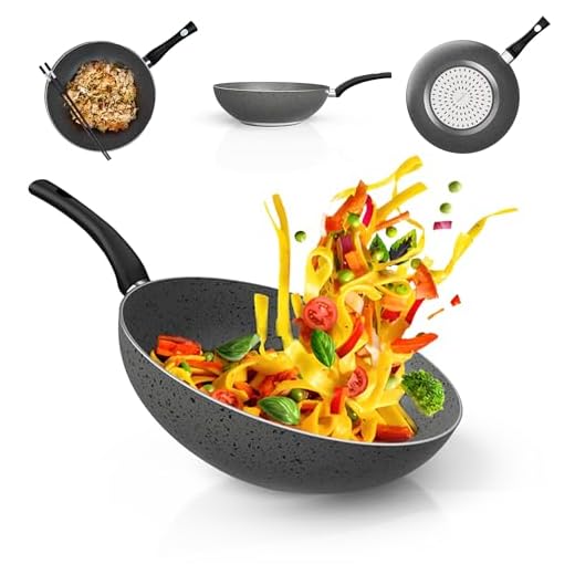 TEHORNEO Wok Induzione, Wok 28cm Alluminio Antiaderente, Wok Antiaderente, Pentole Induzione, Saltapasta, Padella Saltapasta, Adatto per Induzione, Vetroceramica, Gas e Lavastoviglie