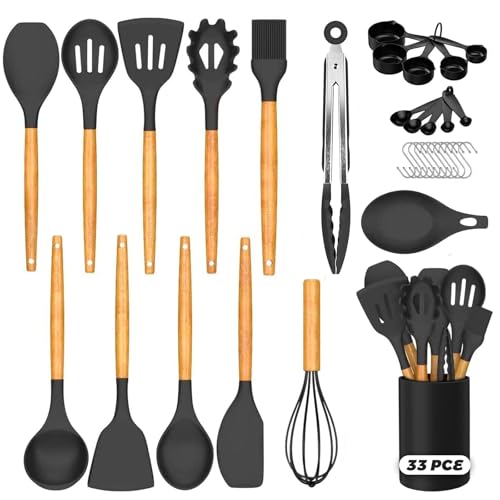 Kitchen Cooking Silicone Utensils Set, Black 33 pce Rubber Spatula Cookware Accessories For Home, Chef Decor Appliances, Nonstick Heat Resistant Silicona can withstand temperatures up to 446