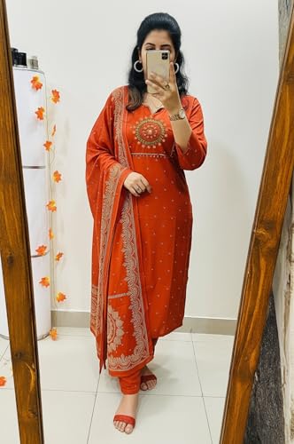 Image of ANNI DESIGNER Viscose Kurta for Women | Kurti Set Woman | Kurta with Pant & Dupatta | Straight Embroidered Suit | Ethnic Indian Outfit Office Party Traditional Clothing Fashion Style Premium Wear Look