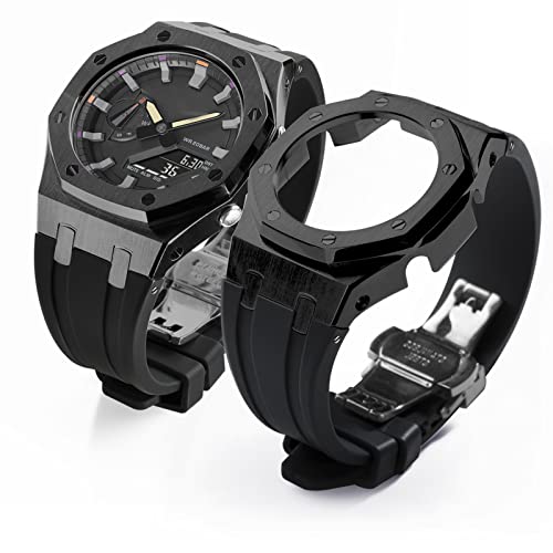 Neuupesen GA2100 Stainless Steel Watch Case Metal Watchband Rubber Strap Mod Kit for GA-2100 GA-2110 Series Watch Part Replacement (GA2100, Black+black set)