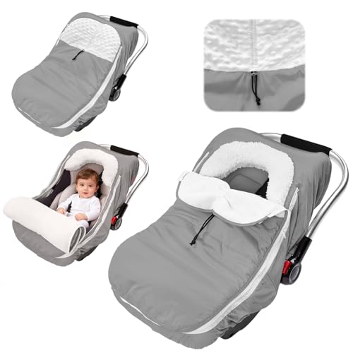 TinyPalsa Winter Baby Carseat Cover, Warm Cozy Infant Car Seat Covers with Plush Lining for Cold Weather, Waterproof Carseat Canopy with Adjustable Collar, Universal Fit for Boys & Girls (Grey)