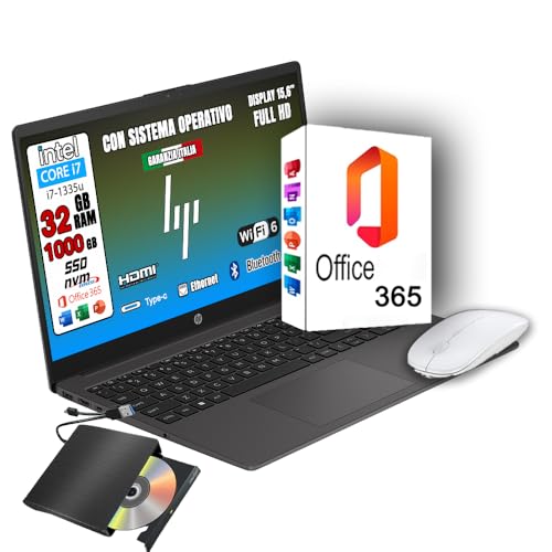 HP 250 G10 Computer Portatile Notebook, Intel Core i7-1355U 13th 10Core, fino a 5 GHz, Display 15.6'' FHD, Ram 32GB, SSD 1TB, Windows 11, Pronto all'uso con OFFICE 365, mouse usb + lettore dvd.