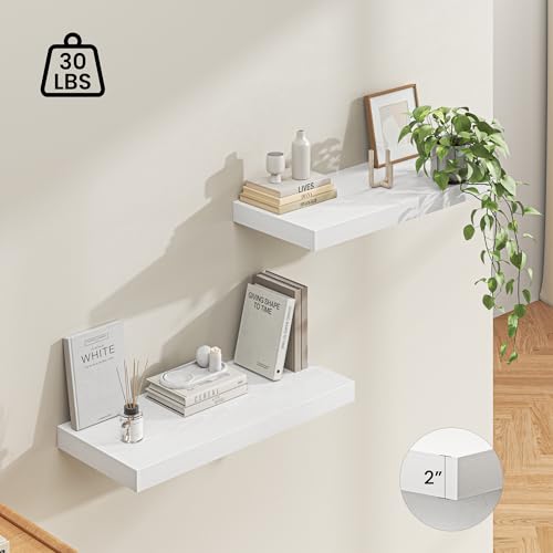 Image of Dreamland 32 inch Floating Shelves for Wall, 12 inch Deep Thicker White Floating Shelves, Wall-Mounted Shelves for Bedroom, Living Room, Kitchen, Bathroom - Set of 2