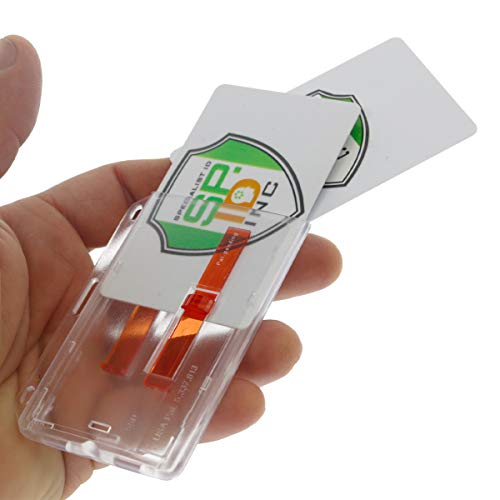 Rigid Horizontal Two Card Id Badge Holder With Double Red Extractor Slider - Clear Hard Plastic Double Sided 2 Card Protector With Easy To Slide Dispenser For Office Key Cards By Specialist Id #TOP1