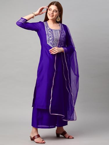 Image of GoSriKi Women's Cotton Blend Solid Straight Kurta with Palazzos & Dupatta (DHARAN)