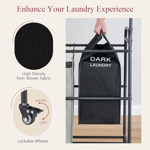 Tajsoon Laundry Sorter Cart with Hanging Clothes Rack, 3 Butler Sorter Basket Organizer, Laundry Hamper Cart with Heavy Duty Rolling Lockable Wheels, 3 Colors - Thumbnail 7