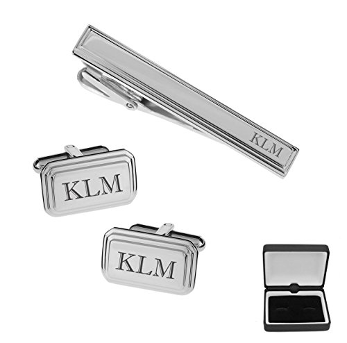 Personalized High Polished Silver Beveled Stainless Steel Cufflinks & Tie Clip Set Engraved Free - Ships From Usa #TOP3
