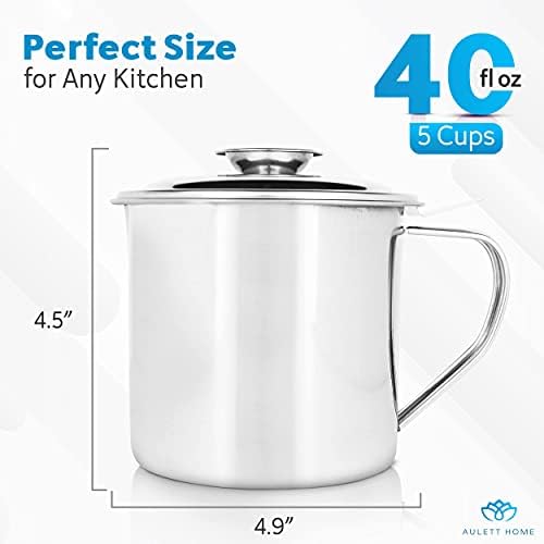 AulettHome 1.2L Stainless Steel Cooking Oil Strainer Pot, Gravy Separator Jug, and Bacon Grease Fat Container with Sieve - Oil Keeper for Used Oil Storage, Pot for Fat Storage with Lid (1.25Q/1.2L)